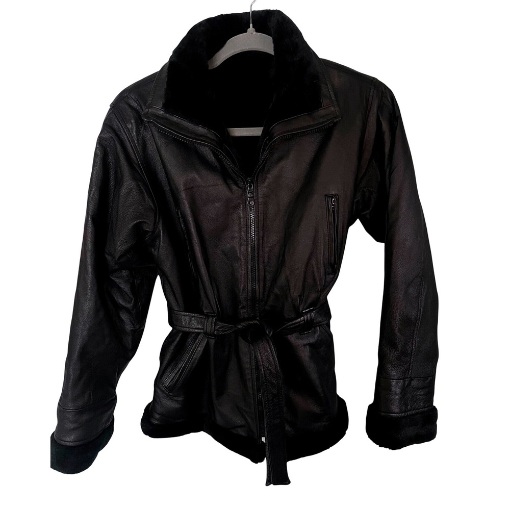 WILDA Genuine Leather Coat Womens XL Blk Belted Faux Fur Collar Trim Vintage 90s